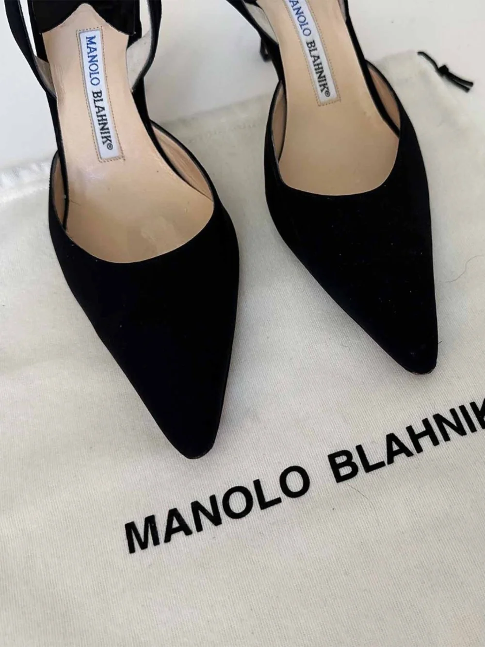 MANOLO BLAHNIK Black Crepe Pointed Toe Slingback Pumps Heels IT 38.5 US 8.5